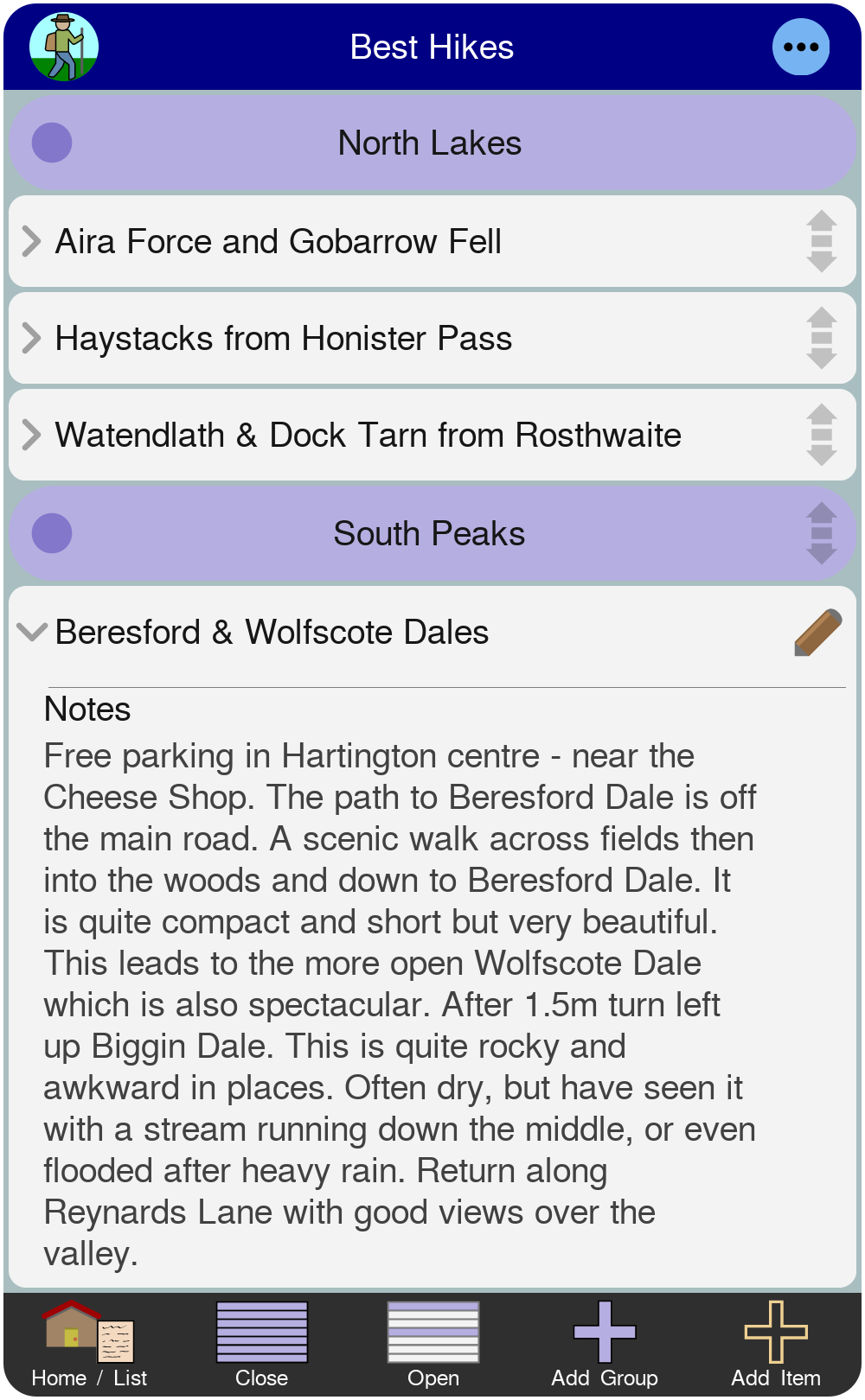 Screenshot of notes on favorite hikes