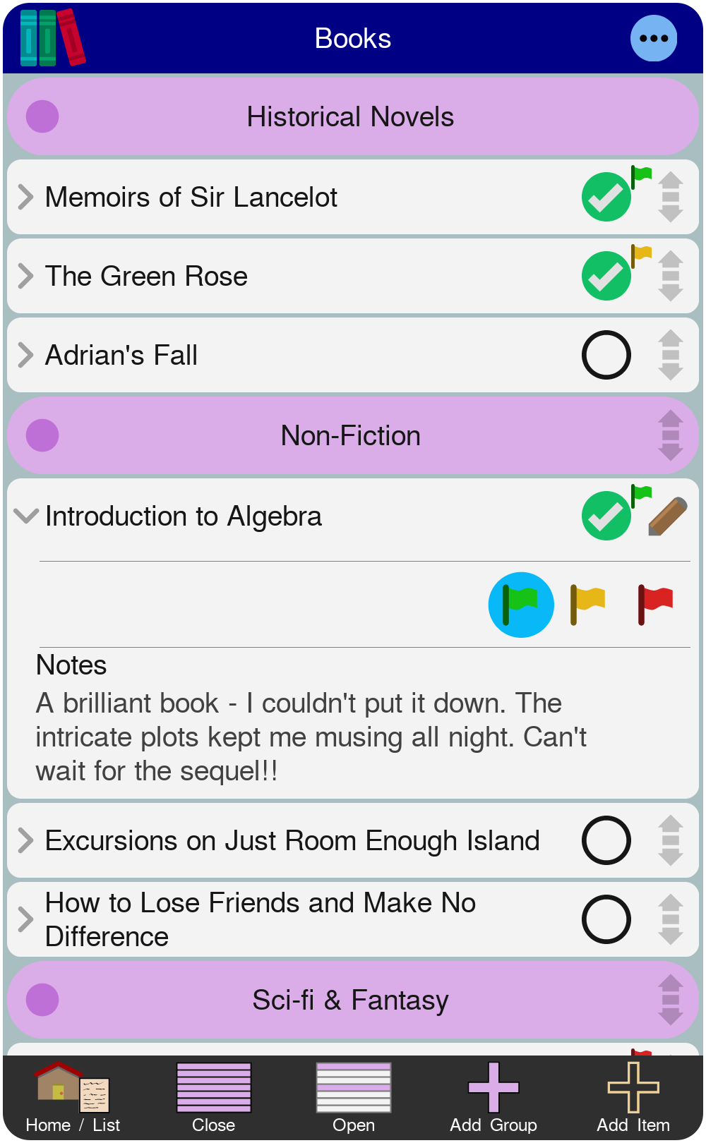 Screenshot of notes on various books