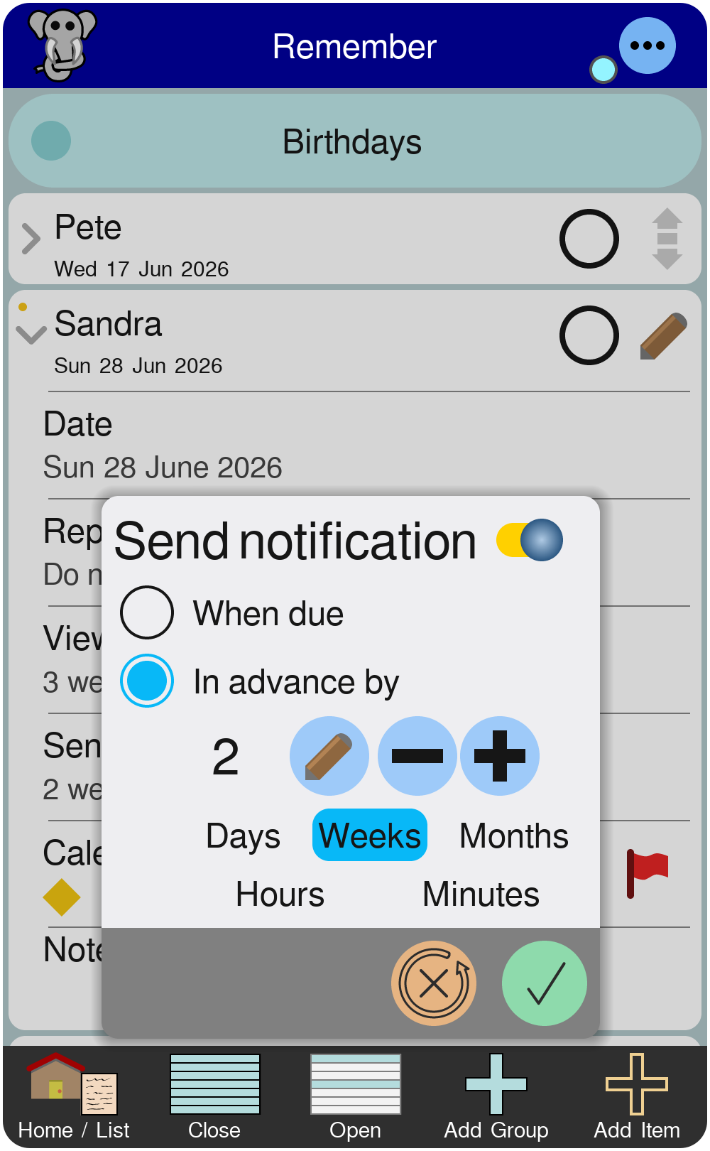 Screenshot of a setting a device notification