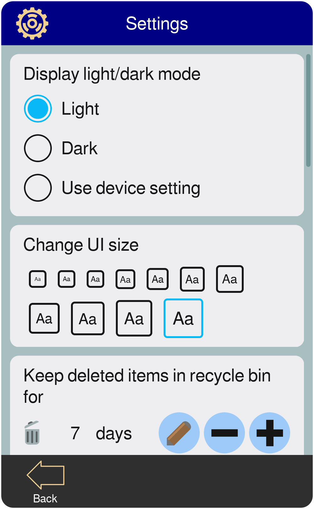 Screenshot of app settings showing scalable UI