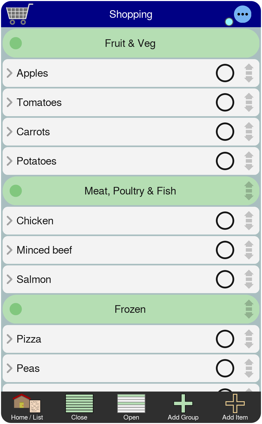 Screenshot of shopping list